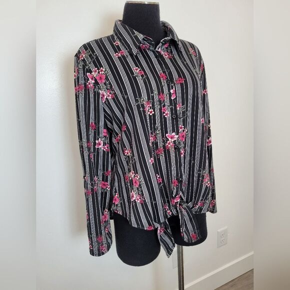 Floral Striped Blouse Tie Front Knotted Rose Boho Romantic Feminine Summer Large - Picture 2 of 9